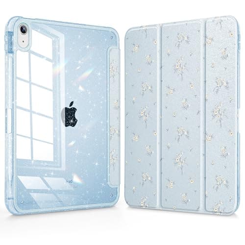 ICEKEE Compatible with iPad (A16) 11th Generation Case 11 Inch 2025, for iPad 10th Generation Case 10.9 inch 200 with Pencil Hodel, Glitter Clear Pretevtive Cover, Auto Wake/Sleep, Marsh Flower