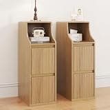 Fluted Narrow Nightstand Set of 2, Mid Century Modern Small Bedside Table with 2 Drawers, Wooden Skinny Vintage Side Table, Night Stand, Slim End Table for Bedroom, Natural