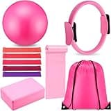 Silipull 10 Pcs Pilates Ring Blocks Set for Women Home Yoga Equipment Accessories Pilates Ring Circle and Ball Workouts Gift Include Ball Yoga Circle Resistance Bands Block Straps Gym Bag(Pink)
