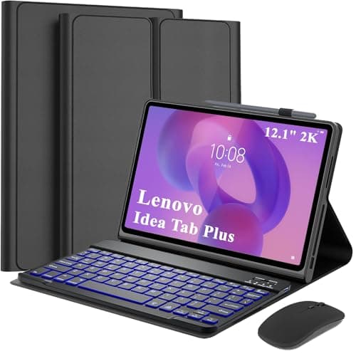 7-Color Backlit Detachable Keyboard Case with Wireless Mouse for Lenovo Idea Tab Plus 12.1 Inch/Tab K12 2025 (TB361FU/TB361ZU), Magnetic Keyboard Cover for with Mouse, 3 Adjustable Angles, Black
