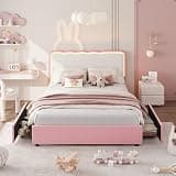 Garvee Full Upholstered LED Bed Frame with 2 Storage Drawers, Velvet Princess Platform Bed with Chic Double Wavy Headboard for Girls/Kids/Boys, Firm Wood Slats Support, No Box Spring Needed, Pink