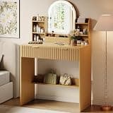 TOKSOM Makeup Vanity Desk with Mirror and Lights, White Vanity Table with 2 Drawers & Open Storage Shelves, Fluted Vanity Bedroom Makeup Dressing Table Set for Women Girls (Natural)