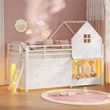 Twin Size Low Loft Bed with Clothing Rack&Toy Storage Box, Metal Loft Bed with 6 Storage Drawers, Twin Loft Bed with LED Lights&Under-Bed Play Zone, Inclined Ladder, Safety Guardrail, White