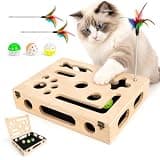 UOPON Cat Nail File Scratcher Box, Wooden Cat Scratch Puzzle Enrichment Box with Sandpaper, Claw Craft for Cats Nail Trim Includes 2 Feather Wands & 3 Bell Balls