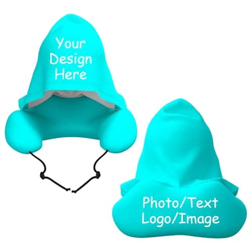 RTYVBMX Personalized Travel Neck Pillow Custom with Logo Photo Text U Shaped Pillows with Extra Large Hood for Plane, Car, Home & Office, Cyan