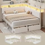 Otevehde Full Corner Bed Frame with Storage Drawers, Modern Daybed with LED Lights and Charging Station, Metal Platform Bed Frame Full Size with Velvet Upholstered Guardrail for Dorm Bedroom, White