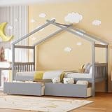 Twin Size Wooden House Bed with Drawers, Gray