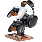 HUMANCOZY Solid Wood Controller Holder and Headphone Stand, Gaming Controller Stand for Desk, Dual Controller Organizer Rack, Fits Xbox, PS4, PS5, Gamepad, Headset Holder for Son, Husband, Boyfriend