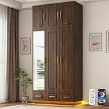 Hlivelood Large Armoire Wardrobe Closet Cabinet with Drawers and LED Lights, Multi-Tier Shelves, Hanging Rod, Large Capacity Storage 3 Door Wardrobe Armoire with Top Cabinet for Bedroom, Brown