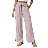 Ruziyoog Women Wide Leg Pants High Waisted Striped Palazzo Pants Casual Lounge Beach Summer Trousers with Pockets Wine