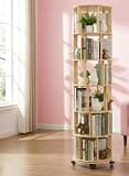 Solid Wood Rotating Bookshelf with Wheels, 360° Spinning Storage Tower, Modular 6-Tier Freestanding Display Rack,Narrow Mobile Organizer for Small Spaces,Corners,Bedroom,Living Room & Office (Wood)