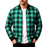 Mens Plaid Zip Up Shirt Jacket Long Sleeve Collared Loose Fit Shackets Fall Winter Fashion Street Wear with Pockets Green