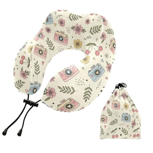 Cute Cameras Flowers Beige Pattern Travel Neck Pillow for Sleeping Airplane Memory Foam Neck Support Pillow with Storage Bag Sleeper Hold Pillow for Adults Kids Home Office Long Flight Car Train Bus