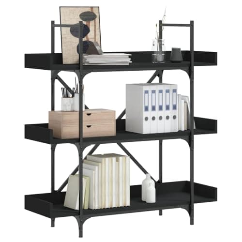 Drillkyn Industrial Black Bookcase with Engineered Wood and Metal Frame, Medium Size 13 x 39.4 x 42.7 in, Adjustable Feet, 3-Tier Storage Shelf for Living Room, Office, Bedroom, Display Organizer