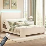 Torana Full Adjustable Bed Frame with Linen Upholstered Headboard, LED BedFrame with Quiet Powerful DC Motor, Wingback Beds with Head Incline, Zero Gravity, Easy Assembly, Natural