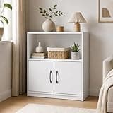 Furevol 2-Tier Bookcase, Bookshelf with 2 Doors Storage Cabinet, Book Shelf with Open Shelf, 9.3 x 21.8 x 27, for Bedroom, Living Room, Home Office, White