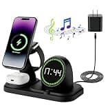 Charging Station 6 in 1 Wireless Charger: Stand for Multiple Devices for Apples - Compatibility i-Phone 17 16 15 14 13 Pro Max Apples Watch Airpods, with Wireless Speaker and Clock (Black)