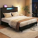 Bellemave Full Upholstered Bed Frame with Charging Station and LED Lights, with Headboard and Under-Bed Storage, Heavy Duty/Noise Free, Black