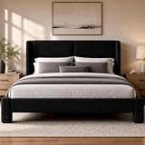 LIKIMIO Queen Bed Frame with Headboard, Upholstered Boucle Platform Bed with USB Ports, Base Camas Queen No Box Spring Needed, Black
