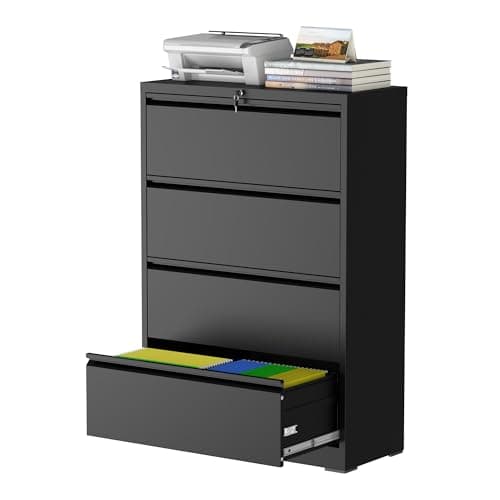FOSTOKO 4 Drawer Lateral File Cabinet with Lock, Black Metal File Cabinets for Home Office, Steel Heavy-Duty Filing Storage Cabinet for Letters/Legal/A4, Require Assembly