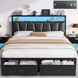 FreeHouse Queen Bed Frame with 2-Tier Storage Headboard and 2 Drawers, Upholstered Platform Bed with Charging Station & LED Lights,Fabric Drawers,Metal Slats, No Box Spring Needed, Noise-Free,Black