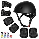 WayEee Kids Bike Helmet Set Skateboard Knee Pads, Helmet Pad Set Protective Gear Set Adjustable for Girls Kids 3-14 Helmet Elbow Pads Wrist Guards for Sport Cycling Bike Roller Skating Scooter, Black