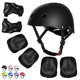 WayEee Kids Bike Helmet Set Skateboard Knee Pads, Helmet Pad Set Protective Gear Set Adjustable for Girls Kids 3-14 Helmet Elbow Pads Wrist Guards for Sport Cycling Bike Roller Skating Scooter, Black