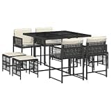 WRJENFSC 9 Piece Garden Dining Set, Black Poly Rattan Outdoor Furniture with Tempered Glass Table, 4 Folding Backrest Chairs and 4 Stools, Space-Saving Cube Patio Dining Set for Backyard
