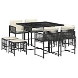 WRJENFSC 9 Piece Garden Dining Set, Black Poly Rattan Outdoor Furniture with Tempered Glass Table, 4 Folding Backrest Chairs and 4 Stools, Space-Saving Cube Patio Dining Set for Backyard