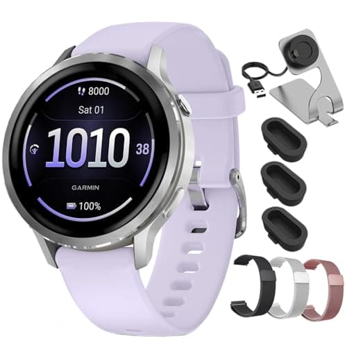 Garmin Venu 4 41mm Health & Fitness GPS Smartwatch Silver with Periwinkle Silicone Band 010-03013-01 Bundle with Deco Essentials 18mm Metal Bands 3 Pack, Charging Dock and Silicone Dust Cover 3 Pack