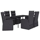 WEHUOSIF Black PE Rattan Outdoor Dining Set with Powder-Coated Steel Frame, Glass Tabletop, Cushioned Seats, Multi-Position Backrest