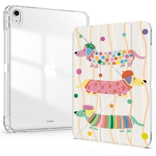 Idocolors Cute Case for 10.9 Inch iPad Air4 (2020)/Air5 (2022), Clear Acrylic Back Case with Pencil Holder, Detachable Mutil Angles Folding Y-Shaped Stand Cover, Dachshund
