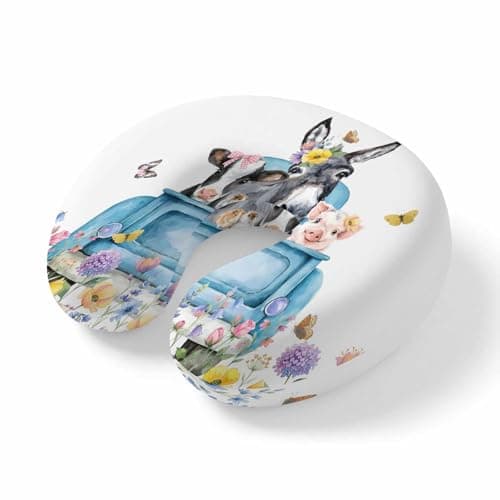 Travel Pillows U-Shaped Neck Pillow Farmhouse Animal Spring Flower Ergonomic Memory Foam Pillow Head Cushion,Rustic Truck Cow Pig Donkey Soft Portable Neck Pillows for Office Airplane Car Train