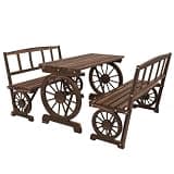 Hassyee 3 Pieces Wood Patio Dining Set with Wagon Wheel Design for Backyard, Poolside, Outdoor Furniture Set with Slatted Seats and Tabletop and Two Benches for Lawn, Garden, Deck