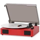 MANGOSTAN Red Vinyl Record Player with Bluetooth, 3-Speed Turntable for 7/10/12" Records, Built-in Stereo Speakers, RCA/AUX/Headphone Output, Auto Stop, Home Decor & Entertainment
