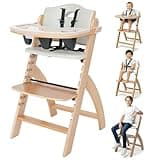 Abiie Beyond Junior Wooden High Chair for Babies and Toddlers - Convertible 3-in-1 Baby Highchair with Removable Tray - 6 Months to 250 Lb - Water Resistant - Natural Wood/Dove Grey Cushion