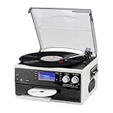 9 in 1 Vintage Record Player with Bluetooth, AM FM Radio, USB SD MMC, CD and Cassette Playback, Remote Control, Built in Stereo Speakers, 3 Speed Turntable for Living Room and Bedroom