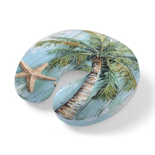 Travel Pillows U-Shaped Neck Pillow Summer Coconut Tree Starfish Ergonomic Memory Foam Pillow Head Cushion,Seaside Plant Blue Wood Plank Soft Portable Neck Pillows for Office Airplane Car Train