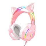 ONITOON Gaming Headset with Microphone, Cat Ear Headphones for PC Laptop PS4 PS5 Xbox Switch, Pink, Rainbow RGB Lighting & Virtual Surround Sound, 3.5mm Wired Over Ear Headphones, Ergonomic