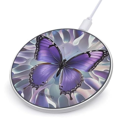 Beautiful Purple Butterfly Art Wireless Charger with Aluminum Alloy Frame Qi Certified Fast Wireless Charging Pad 10W Charging Station Portable Phone Charger for All Wireless Charging Phone