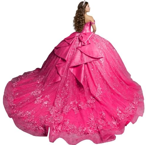 Zhangyo Women's Glitter Puffy Off Shoulder Ball Gown with Bow Off Shoulder Bright Pink Quinceanera Dresses Gorgeous Tulle Birthday Party Gowns Plus Size Size 24