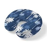 Tropical Palm Tree Travel Neck Pillow Memory Foam,Hand Neck Support Airplane Pillow for Traveling Bed Car Office Home,Navy Blue White Plants Coastal Leaf Flight Pillows with Removable & Washable Cover
