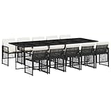 WRJENFSC 11 Piece Garden Dining Set with 10 Foldable Chairs and Rectangular Table, Outdoor Patio Furniture Set with Cushions, Synthetic Poly Rattan and Tempered Glass, Black