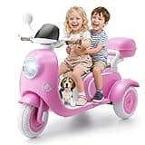Hikole 12V Kids Electric Motorcycle, 2 Seater 3 Wheels Moped, USB, Music, Horn, Light, Big Storage Box, Dual Motor Electric Ideal Motorcycle for Girls & Boys Aged 3+, Rose Red