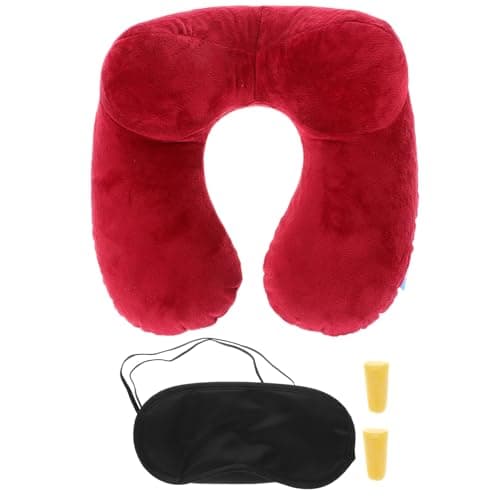 Cabilock Inflatable U-Shaped Neck Travel Pillow with PVC Bladder, Blow up Neck Support for Airplane, Car, Camping, Includes Storage Bag, Eye Mask, Burgundy,