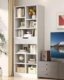 Armocity 8-Tier Tall Bookshelf with Drawer, 73.6" Narrow Freestanding Bookcase, Space-Saving Wood Display Shelves Storage for Living Room, Home Office Bedroom, White