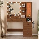 HUANLEGO Vanity Desk with Mirror and Lights, Walnut Makeup Vanity Mirror with Lights Desk with 5 Drawers, Jewelry Organizer& LED Glass Cabinet, 3 Light Mode Dressing Table Set for Girls, Women