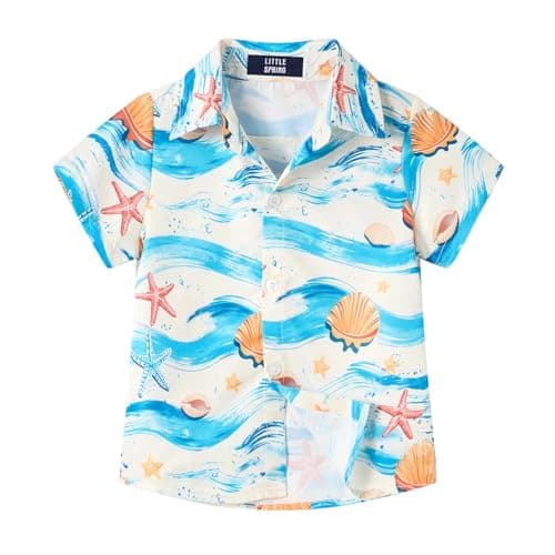LittleSpring Toddler Boys Aloha Shirt Short Sleeve Button Down Hawaiian Shirts Tropical Shell Print Blue Summer Kids Tops 3T