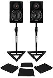 Rockville APM8B V2 Bundle: Pair 8 in 500W Peak / 160W RMS Powered Studio Monitor Speakers USB Bluetooth, RVSM1 Adjustable Near-Field Monitor Stands, RRS263M Isolation Pads, 3-Items
