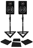 Rockville APM8B V2 Bundle: Pair 8 in 500W Peak / 160W RMS Powered Studio Monitor Speakers USB Bluetooth, RVSM1 Adjustable Near-Field Monitor Stands, RRS263M Isolation Pads, 3-Items